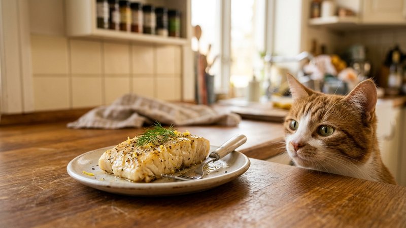 Un trozo de pescado blanco cocido en un plato pequeño sobre la encimera de una cocina, con un gato observándolo de cerca