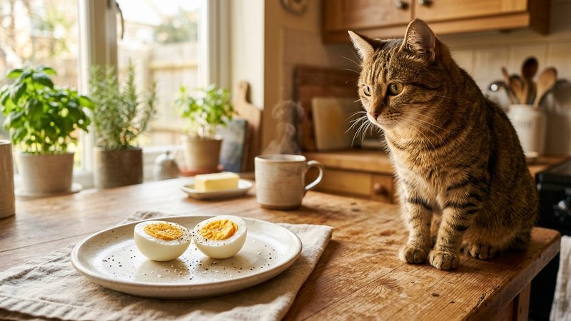 Un huevo duro cortado en un platito junto a un gato atento en una cocina cálida y luminosa, luz dorada de la mañana, amb