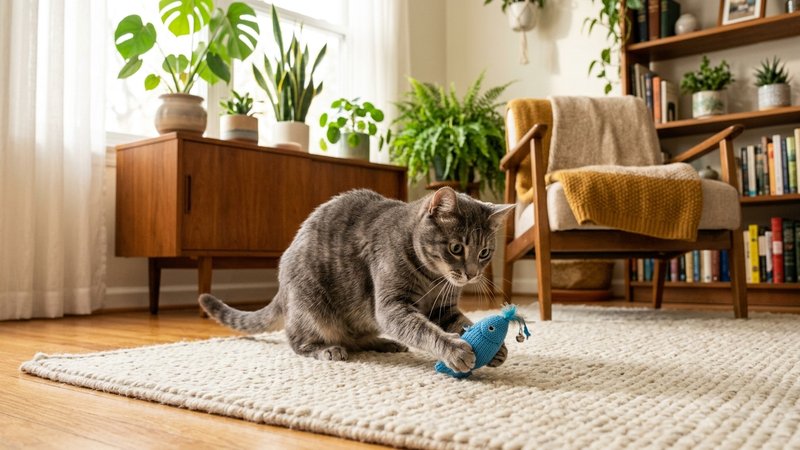Un gato gris jugando concentrado con un juguete azul sobre una alfombra clara en un salón luminoso, luz natural suave, m