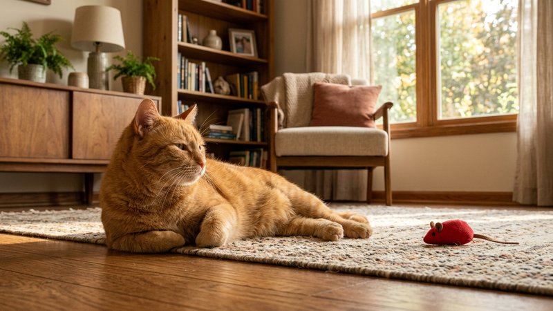 Un gato naranja mirando con indiferencia un juguete rojo apartado en el suelo de un salón cálido, luz de tarde entrando