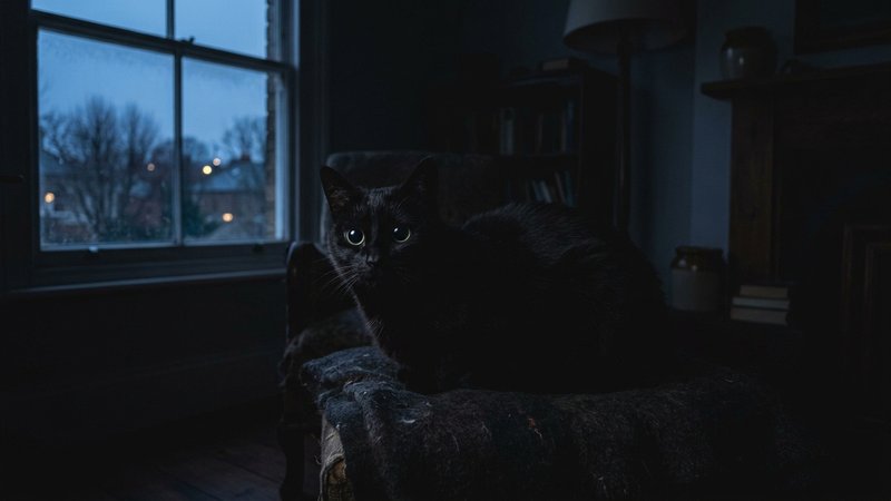 Un gato negro con las pupilas muy dilatadas en una habitación en penumbra al anochecer, tenue luz azulada entrando por l