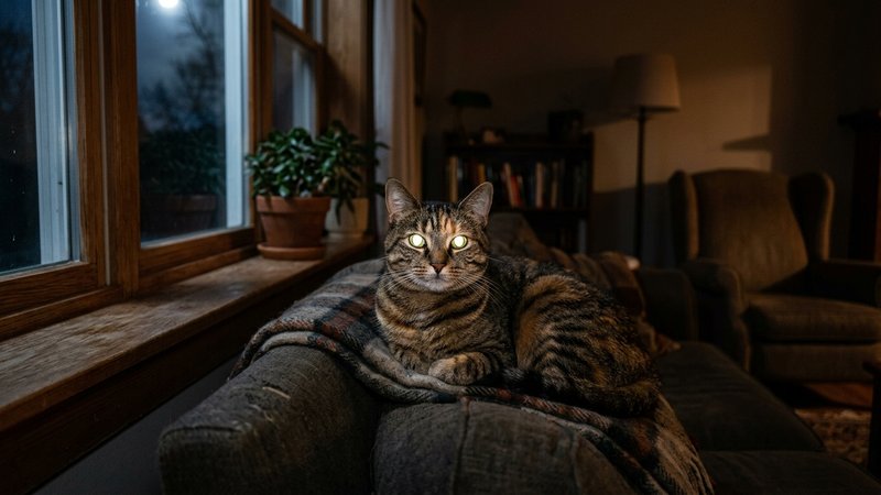 Un gato atigrado cuyos ojos reflejan un brillo luminoso en la penumbra de un salón nocturno, suave luz de luna entrando