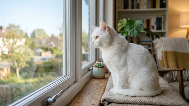Un gato blanco observando con atención algo lejano desde una ventana, mirada fija y ligeramente entornada, luz natural d
