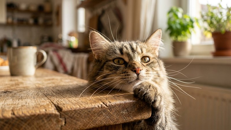 Un primer plano de un gato de bigotes largos y marcados explorando el borde de una mesa de madera en una cocina luminosa