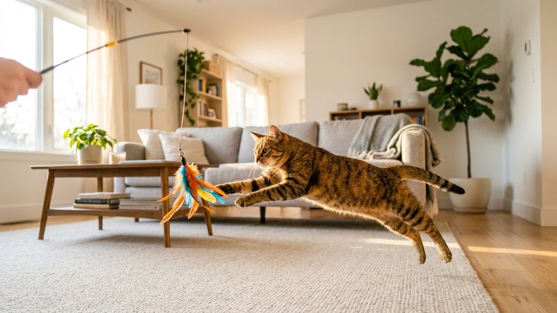 Un gato atigrado en pleno salto persiguiendo un juguete de plumas en movimiento en un salón amplio y luminoso, luz natur
