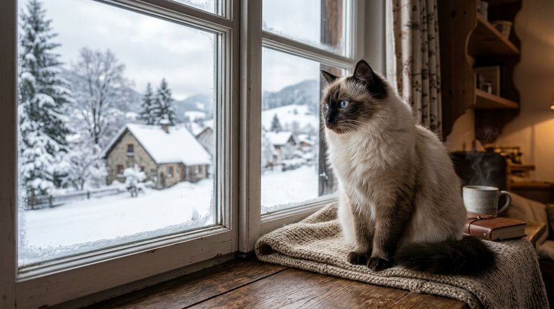 Un gato de pelaje claro con las patas, las orejas y la cola de un tono mucho más oscuro, sentado junto a una ventana con