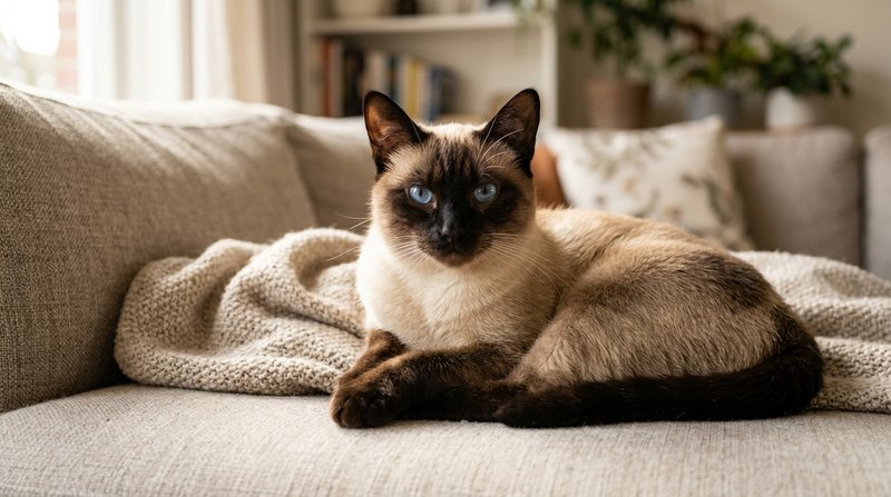 Un gato tipo siamés de cuerpo crema y cara, orejas y patas oscuras, retrato sereno sobre un sofá, luz natural cálida, fo