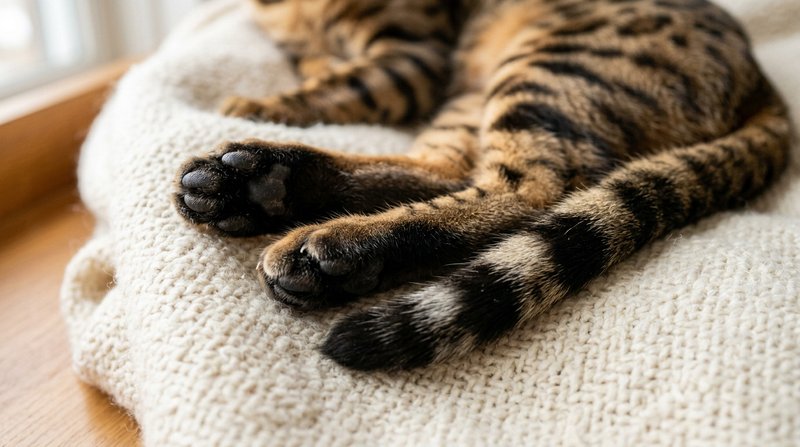 Un primer plano de las patas oscuras y la cola de un gato de puntos apoyado en una manta clara, detalle del contraste de