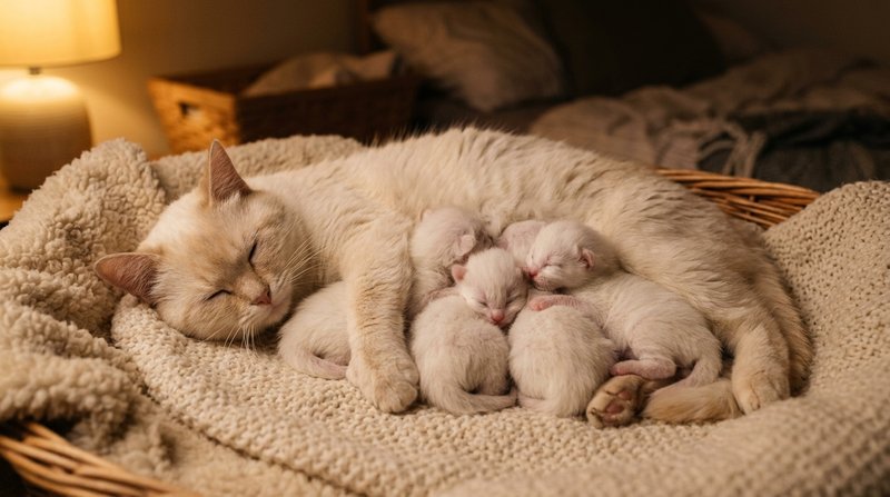 Una camada de gatitos recién nacidos de pelaje casi blanco acurrucados junto a su madre sobre una manta mullida, calidez