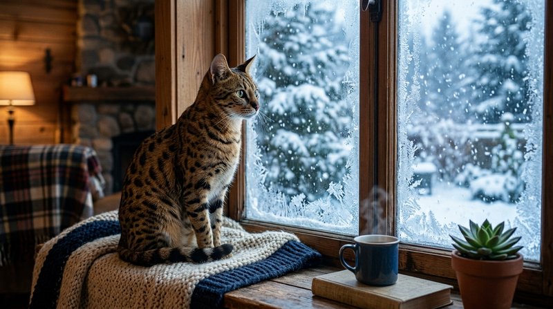 Un gato de puntos con las patas y las orejas notablemente oscuras junto a una ventana con cristales escarchados y nieve