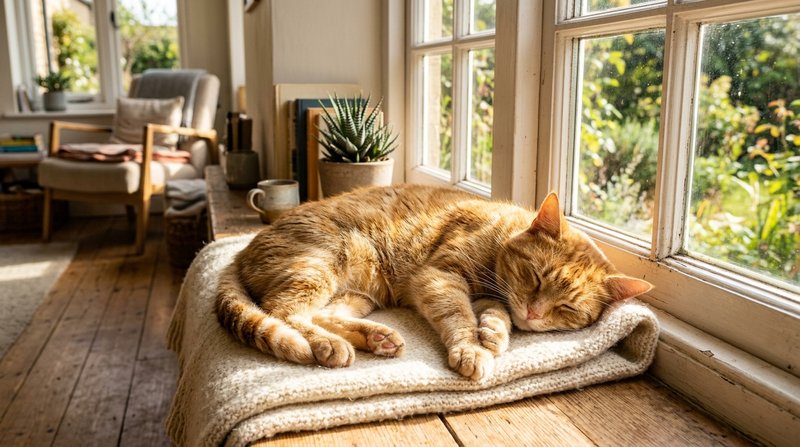 Un gato tumbado al sol junto a una ventana, con la luz dorada iluminando su pelaje, expresión relajada, ambiente hogareñ