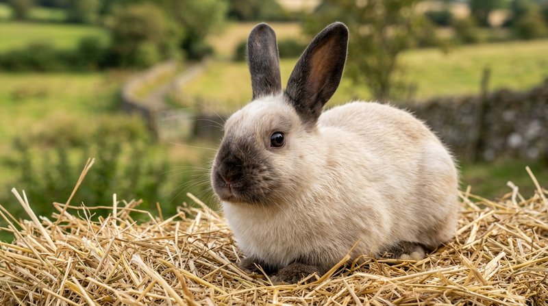 Un conejo de pelaje claro con las orejas y el hocico de tono oscuro sentado sobre paja, primer plano nítido, luz natural