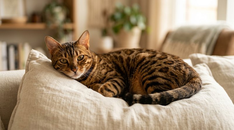Un gato de puntos en tonos chocolate y marrón cálido reposando sobre un cojín claro, retrato elegante, luz difusa de tar