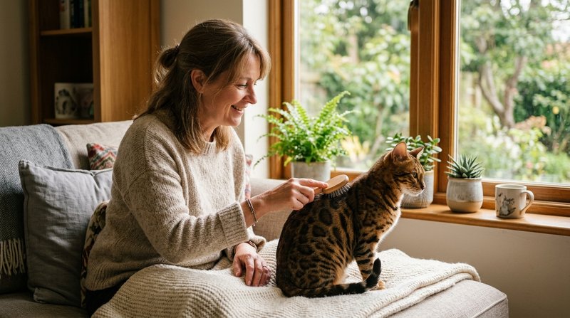 Una persona cepillando con suavidad el lomo de un gato de puntos de pelaje brillante junto a una ventana, ambiente domés
