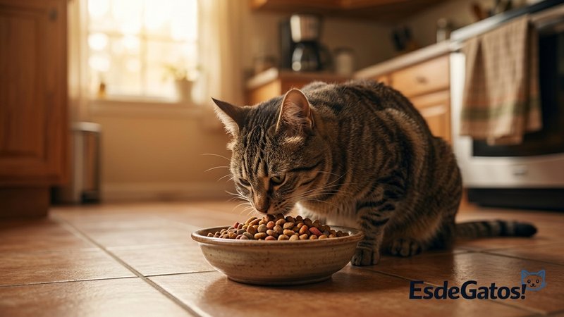 Un gato atigrado comiendo croquetas de un plato de cerámica en el suelo de la cocina de un hogar cálido, luz dorada suav