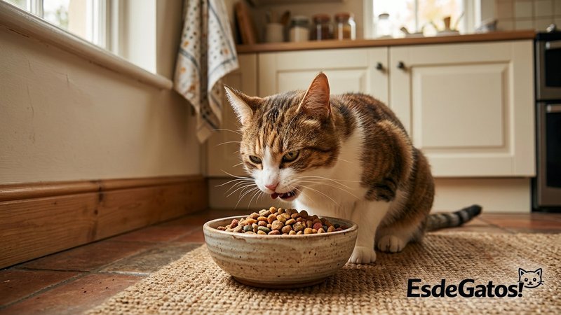Un gato adulto comiendo con ganas de su comedero en el rincón de una cocina hogareña, tomando pequeños bocados con calma