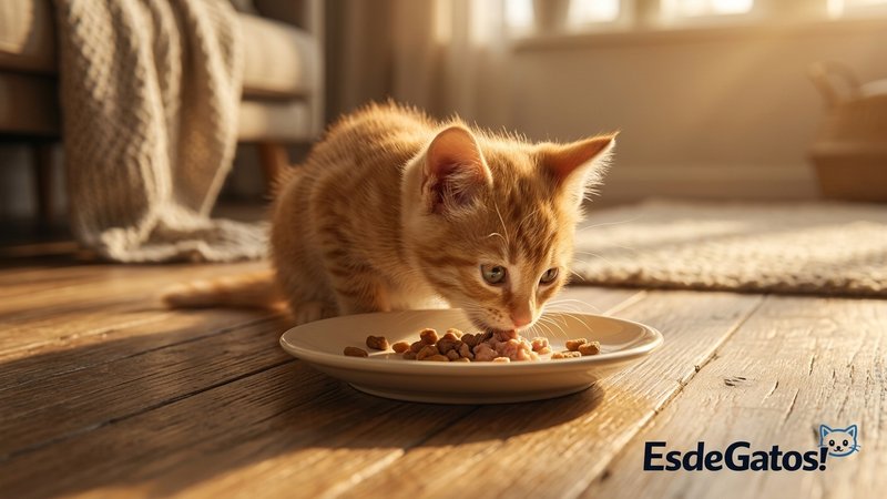 Un gatito pequeño comiendo de un platito bajo en el suelo de una casa cálida, con energía y curiosidad, luz dorada y amb