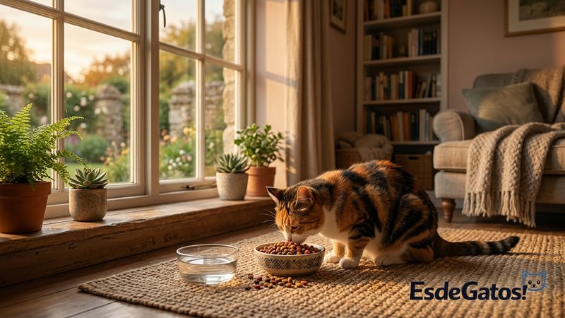 Un gato adulto comiendo croquetas secas de su comedero junto a una ventana soleada en un salón acogedor, luz cálida de t