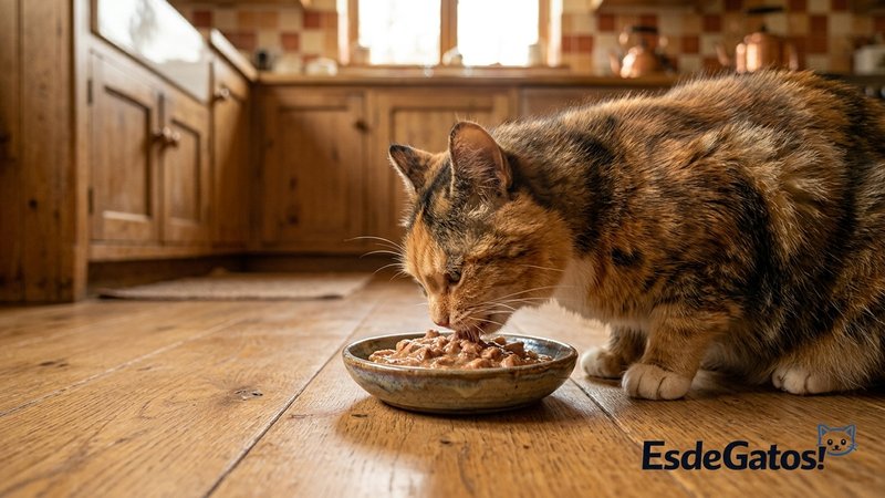Un gato comiendo comida húmeda de un plato en el suelo de una cocina cálida, con la textura brillante del alimento, tono