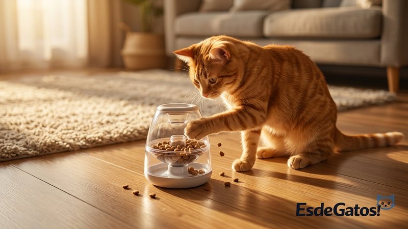 Un gato comiendo de un comedero de juguete dispensador sobre el suelo de un salón cálido, sacando las croquetas con la p