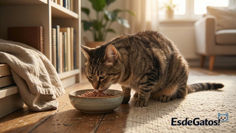 Un gato senior de pelaje suave comiendo tranquilo de su plato en un rincón apacible de la casa, luz cálida y ambiente se