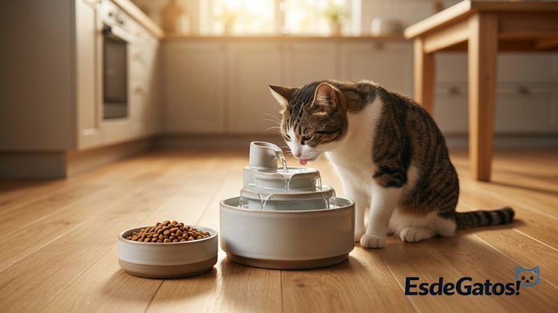 Un gato bebiendo agua fresca de una fuente para gatos junto a su plato de comida en el suelo de una cocina cálida, luz d