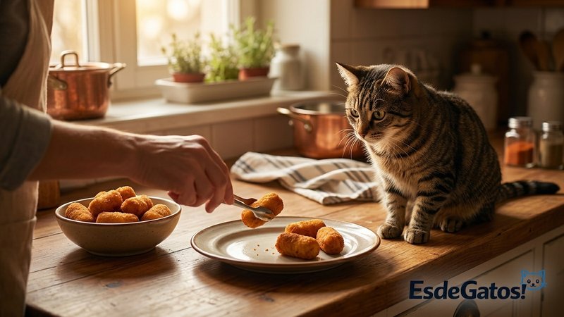 Una persona sirviendo croquetas en el plato mientras el gato espera atento y sentado a su lado en la cocina de un hogar