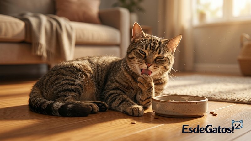 Un gato relajado y satisfecho lamiéndose una pata junto a su plato después de comer, en el suelo cálido de un salón hoga