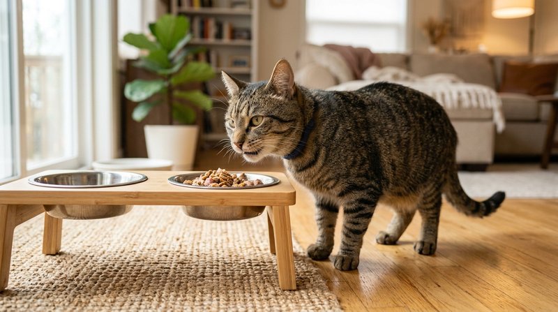 Un gato doméstico comiendo cómodamente de un comedero elevado sobre un soporte, con la cabeza ligeramente levantada, en