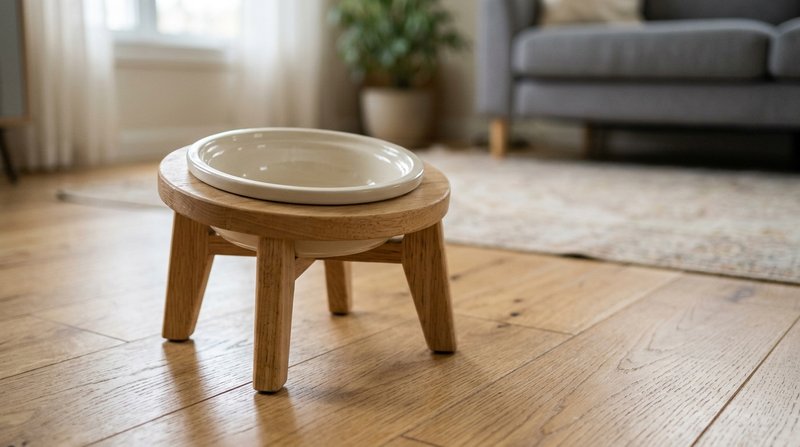 Un comedero elevado para gatos vacío, un cuenco montado sobre un soporte con patas, apoyado en un suelo de madera clara,