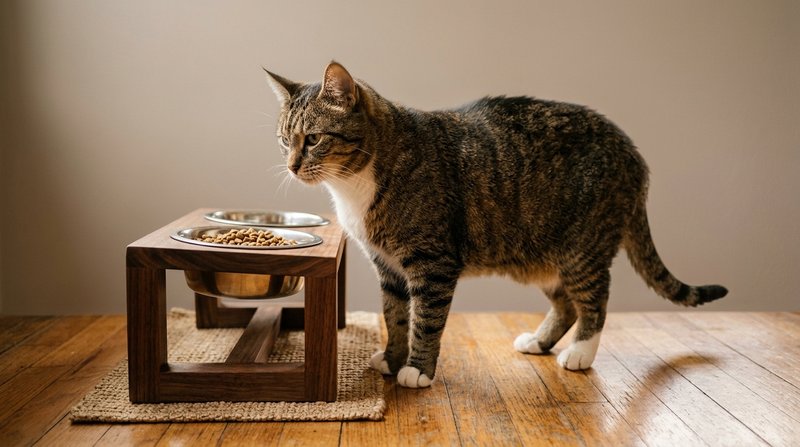 Un gato de pie junto a un comedero elevado situado a la altura de su codo, mostrando una postura corporal cómoda y natur