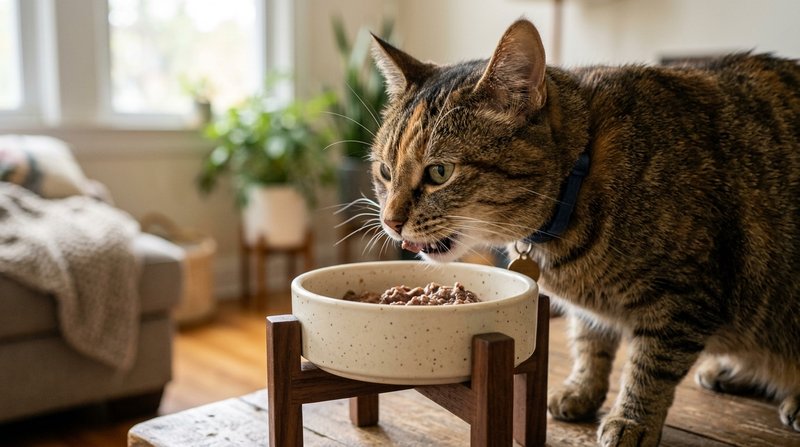 Un primer plano de un gato comiendo con la cabeza en alto y el cuello recto sobre un cuenco elevado, detalle del pelaje