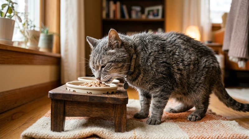 Un gato mayor de pelaje canoso comiendo de un comedero elevado, con gesto relajado y aliviado, en un rincón hogareño con