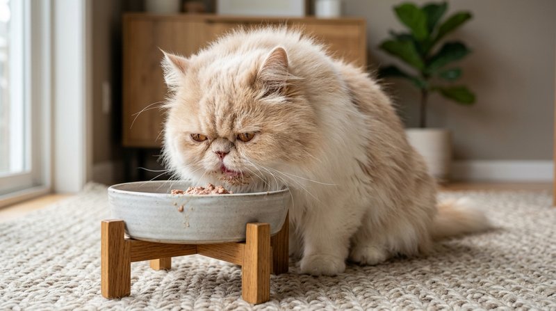 Un gato persa de cara chata y hocico aplanado comiendo de un cuenco ancho y elevado, detalle de su rostro y su pelaje la