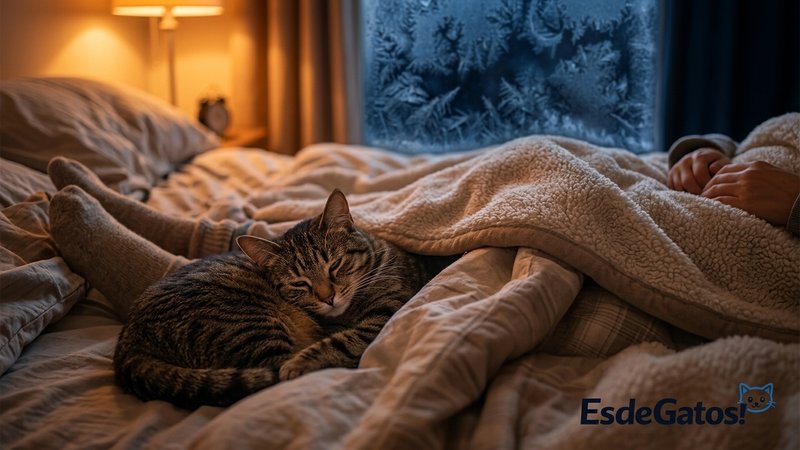 Una noche fría de invierno en la que un gato se acurruca pegado contra las piernas de su dueño bajo un edredón grueso y