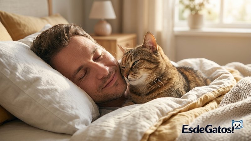Un gato frotando con cariño su cabeza contra la mejilla de su dueño mientras ambos están tumbados en la cama, en un gest