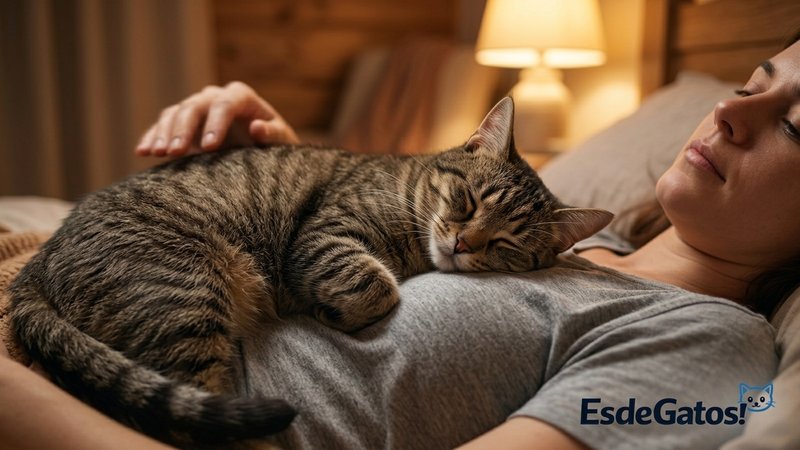 Un primer plano de un gato ronroneando plácidamente acurrucado sobre el pecho de su dueño, que descansa boca arriba en l