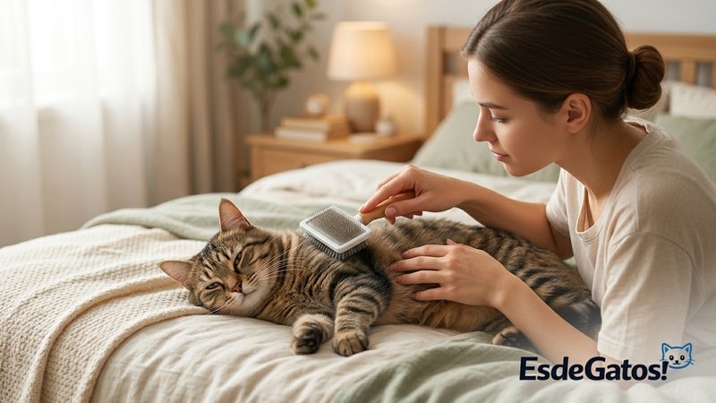 Una persona cepillando con cariño el pelaje de su gato, que permanece tranquilo y disfrutando del momento, sentados sobr