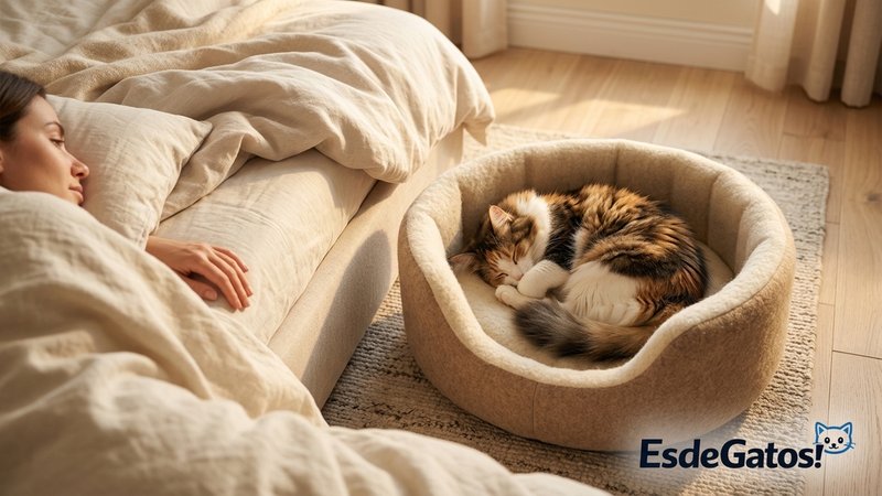 Una acogedora camita para gato colocada en el suelo justo al lado de una cama de matrimonio, con el gato durmiendo pláci