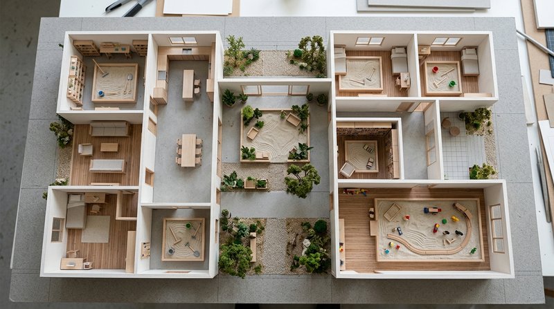 Una maqueta cenital de una vivienda abierta sin techo, con varios areneros limpios repartidos en habitaciones distintas