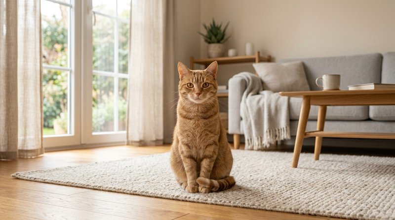 Un gato de pelo corto sentado sobre una alfombra clara en un salón ordenado, mirando hacia la cámara con expresión tranq