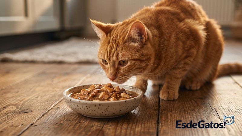 Un cuenco de comida húmeda para gato en el suelo, con un gato acercándose con interés