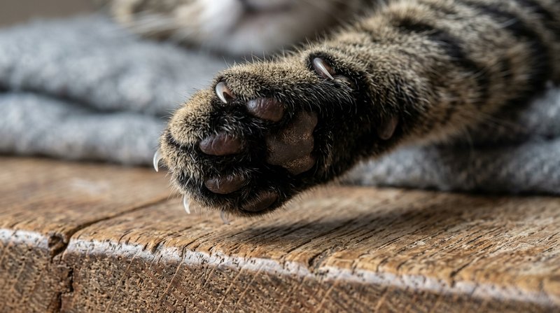 Un primer plano de la pata delantera de un gato con las uñas afiladas parcialmente asomando de sus fundas retráctiles, m