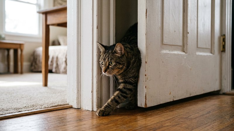 Un gato colándose lentamente por el estrecho hueco de una puerta entornada, con el cuerpo alargado y los hombros comprim