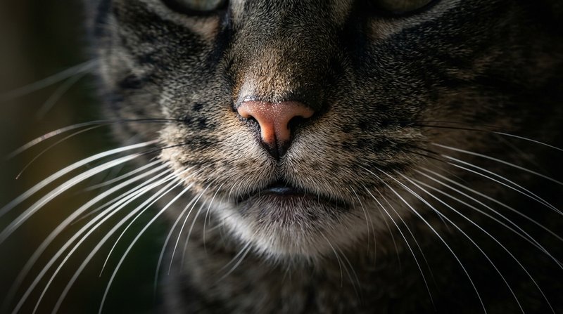 Un primer plano del hocico de un gato donde destacan sus bigotes largos y finos extendidos a ambos lados, iluminados por