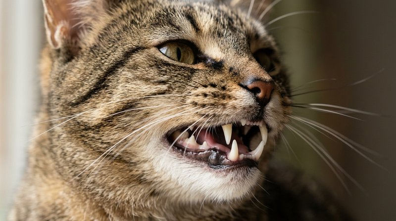 Un gato con la boca entreabierta mostrando sus dientes afilados de cazador, en un retrato cercano y detallado de su dent