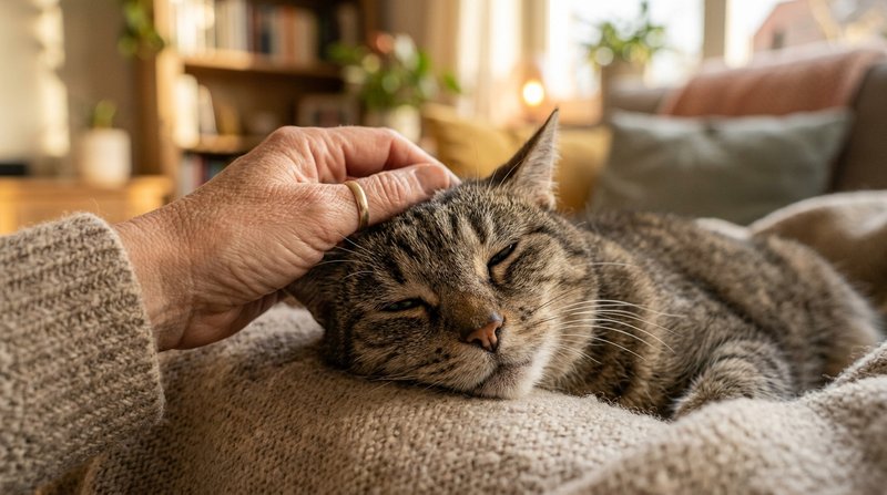 Unas manos acariciando la cabeza de un gato mayor que entorna los ojos de gusto, primer plano cercano, ambiente hogareño
