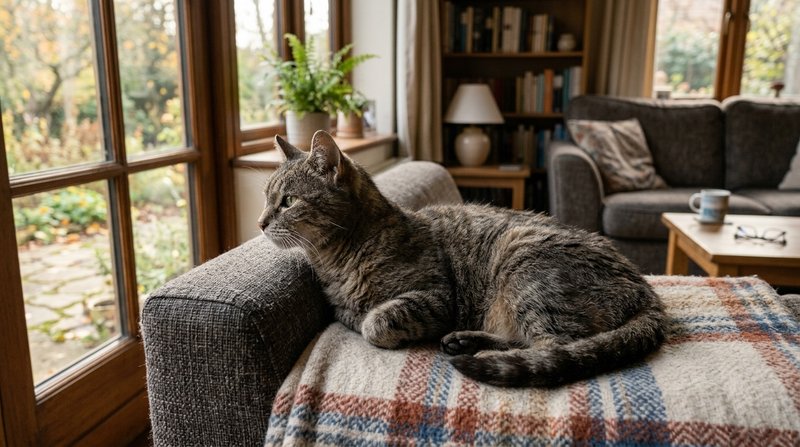 Un gato mayor tumbado en el sofá con la mirada perdida hacia la ventana, pelaje algo apagado, salón acogedor, luz natura
