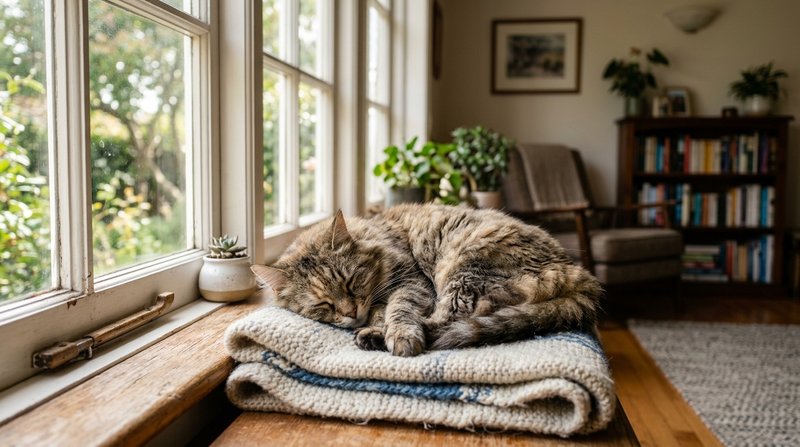 Un gato mayor durmiendo hecho un ovillo sobre una manta doblada junto a la ventana de un salón tranquilo, ambiente hogar