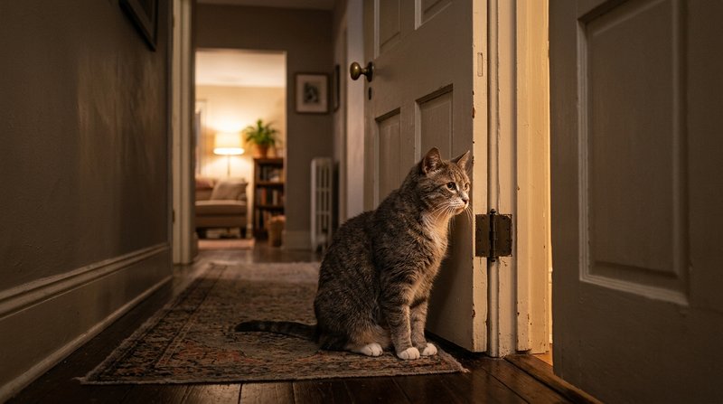Un gato mayor sentado y esperando junto al lado de las bisagras de una puerta entreabierta, pasillo de casa en penumbra